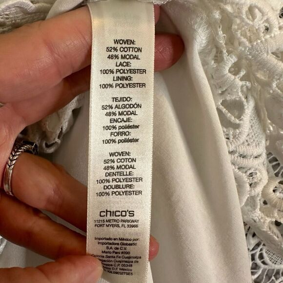 Chicos Blouse Womens Sz Medium White Floral Lace 3/4 Sleeve Round Neck Pullover - Picture 10 of 16